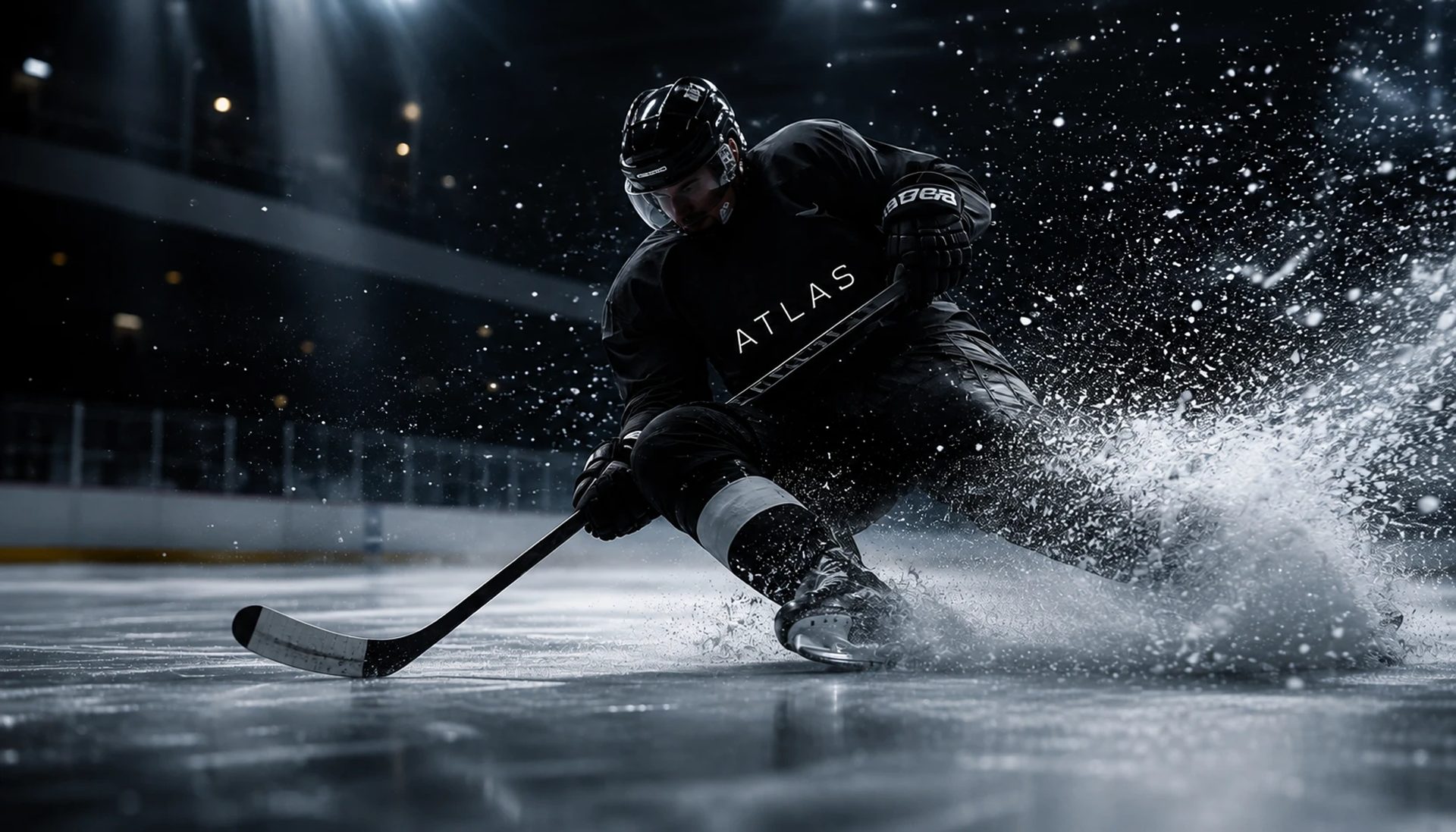 An Atlas player cutting hard on the ice, spray coming off the blades